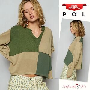 POL Color Block Contrast Notch Neck Long Sleeves Relaxed Fit Top | Matcha Green